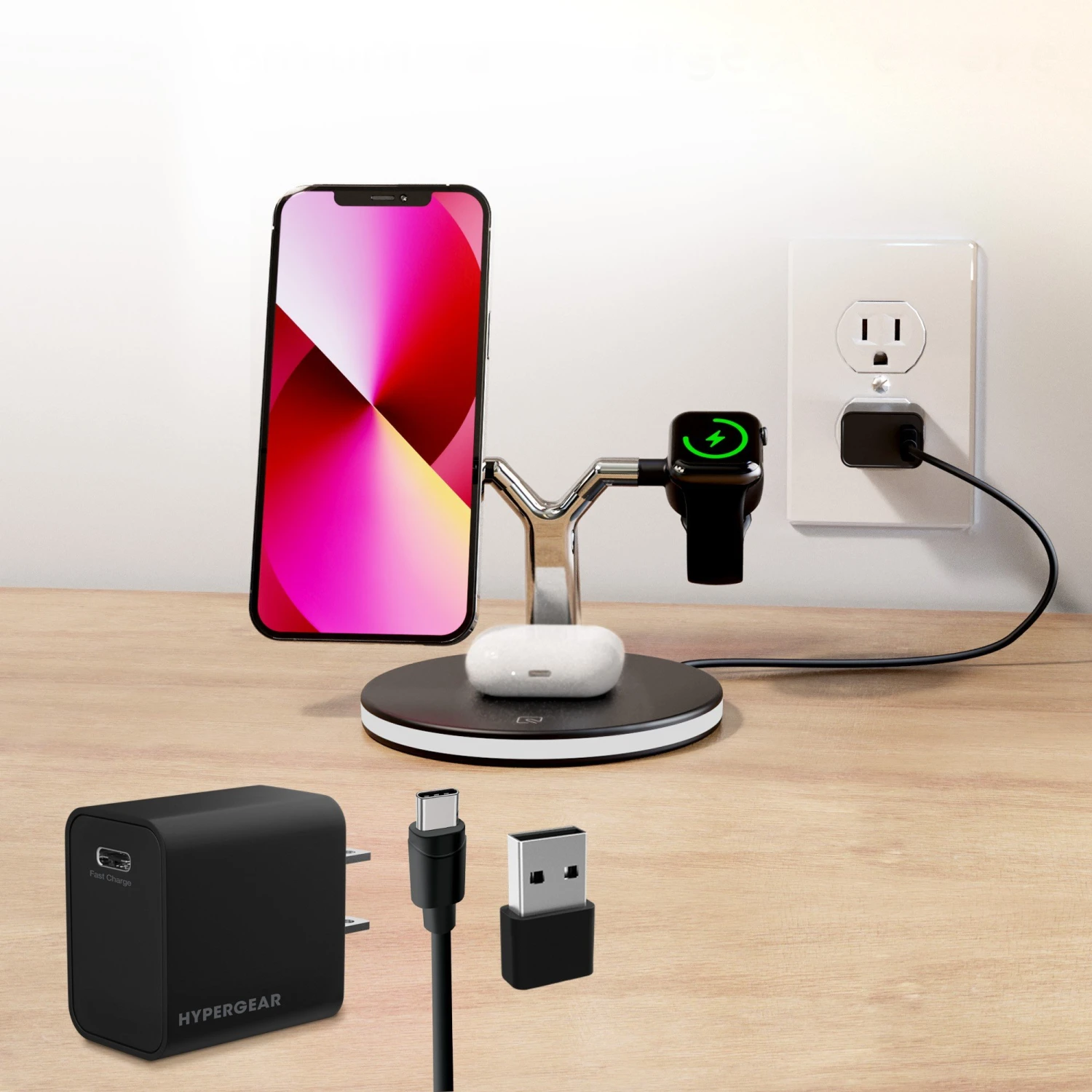 HyperGear 26W MaxCharge 3-in-1 Wireless Charging Stand Compatible With MagSafe - Black 4 HyperGear 26W MaxCharge 3-in-1 Wireless Charging Stand Compatible With MagSafe - Black - Image 2